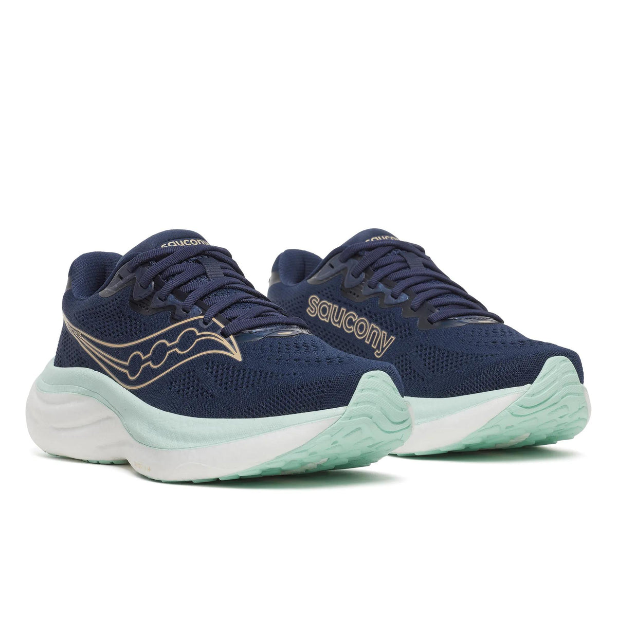 Women's Saucony Ride 19 Navy Aqua - pair, three quarter angle