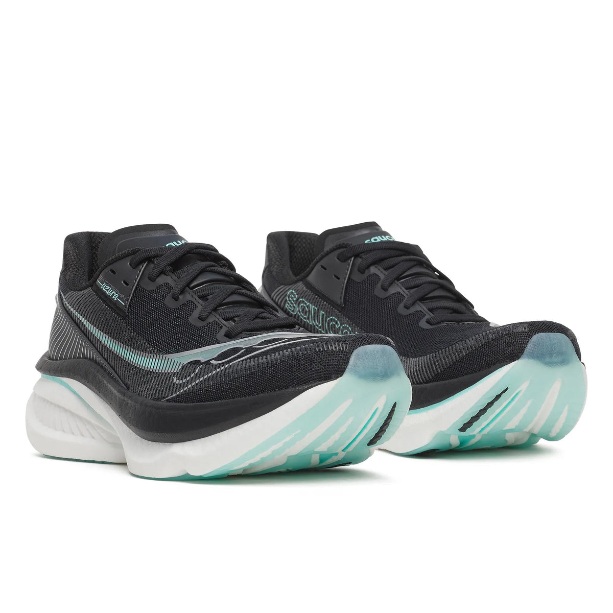 Women's Saucony Endorphin Azura Black Aqua - pair, three quarter angle