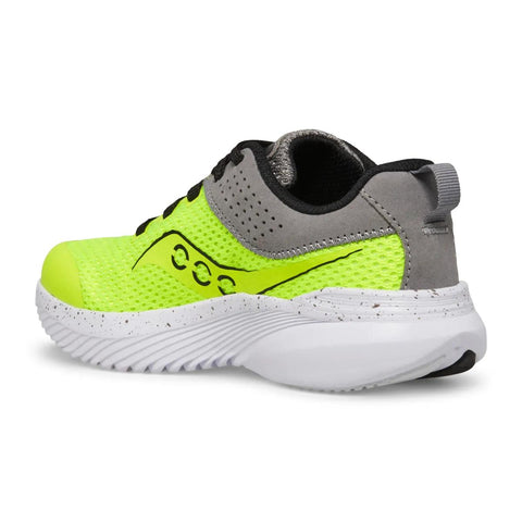 Kids Saucony Kinvara 14 Lace Closure Citron Grey - pair, three quarter angle