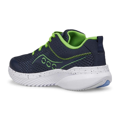 Kids Saucony Kinvara 14 Lace Closure Navy Green - pair, three quarter angle