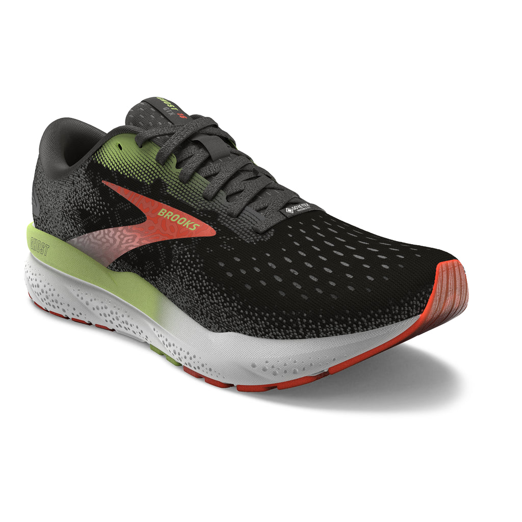 Men's Brooks Ghost 16 GTX Black/ Mandarin Red/Green view 2