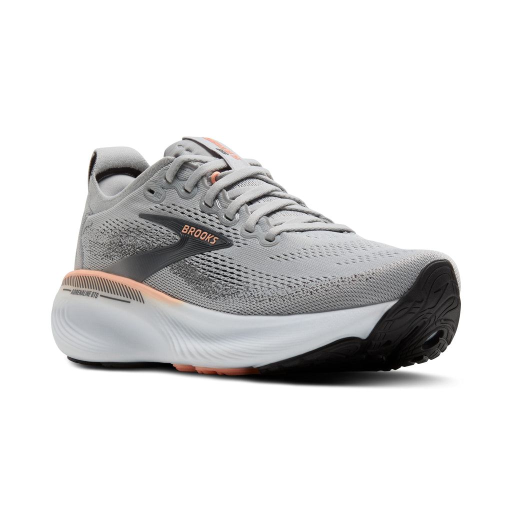 Women's Brooks Adrenaline GTS-25 (Wide / D) Grey / Blackened Pearl / Coral pair angle