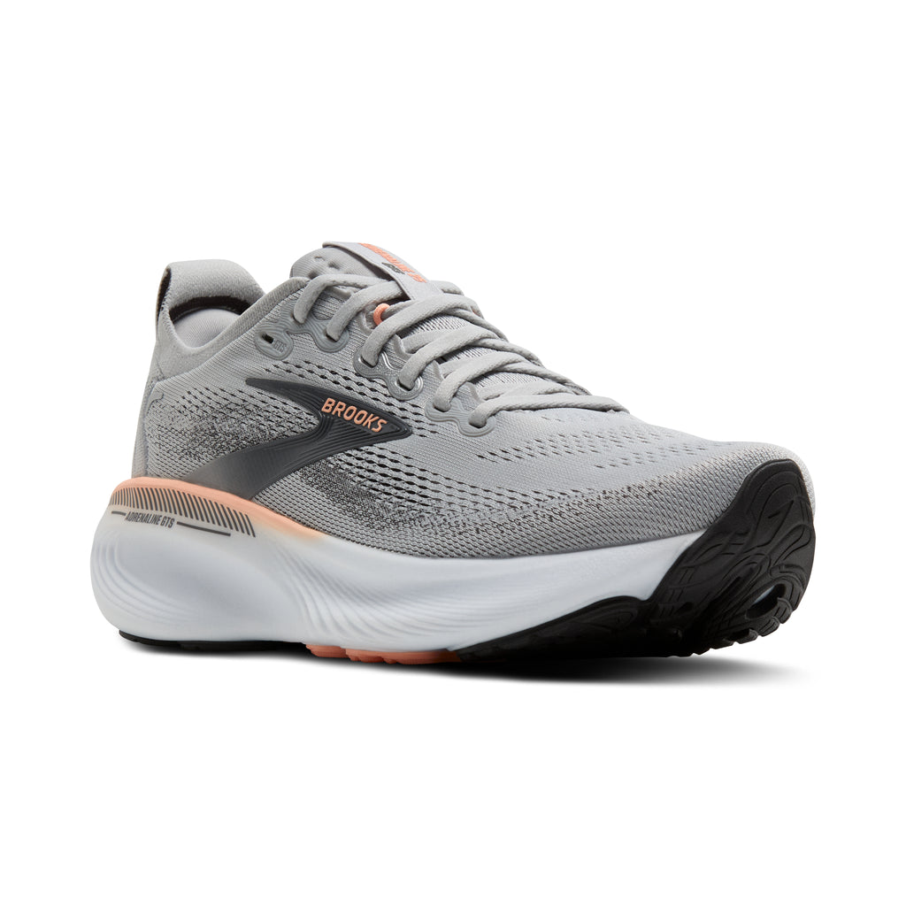 Women's Brooks Adrenaline GTS-25 (Wide / D) Grey/Blackened Pearl/Coral pair angle