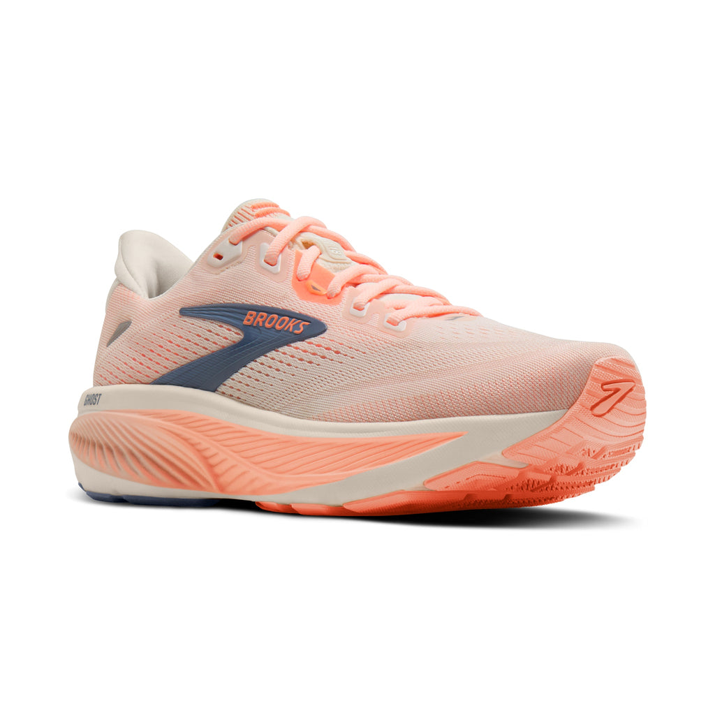 Women's Brooks Ghost 18 Star White / Cyber Peach / Grey pair angle