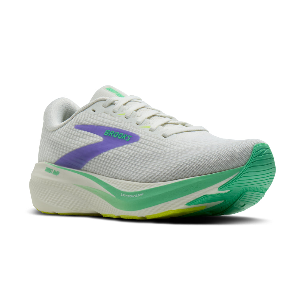 Women's Brooks Ghost Amp (Wide D) Grey / Grey / Paradise Green pair angle