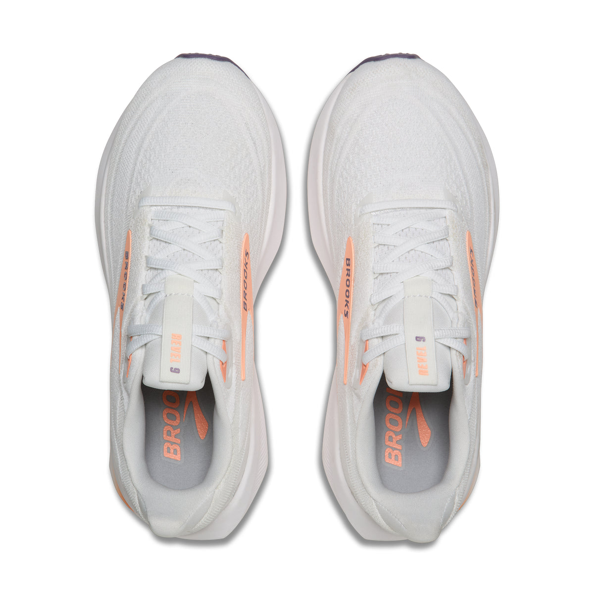 Women's Brooks Revel 9 White/Cyber Peach/Purple top